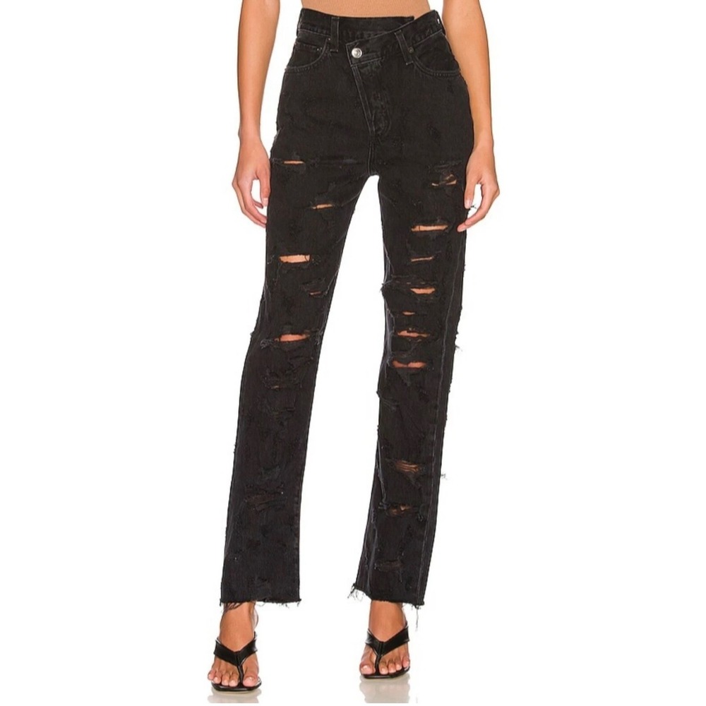 AGOLDE Jeans Size 26 Black Criss Cross Straight Leg High Rise Distressed Button